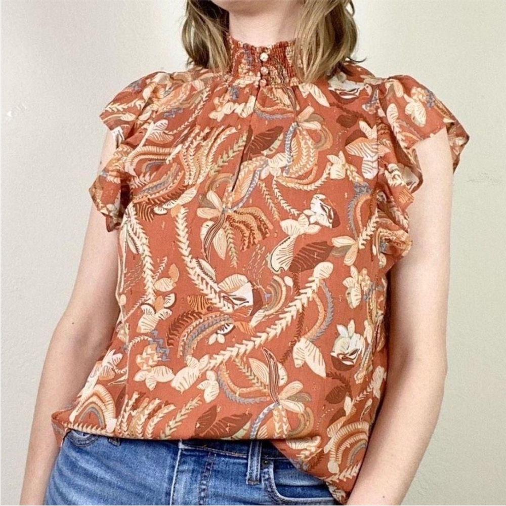 Joie Rust Botanical Print Metallic Flutter Sleeve Keyhole Blouse EUC